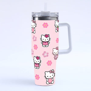 Sanrio Hello Kitty 40oz stainless steel tumbler with double-wall insulation and splash-resistant straw lid