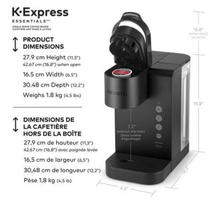 Dimensions photo of the Keurig single serve coffee maker, height, width, depth and weight