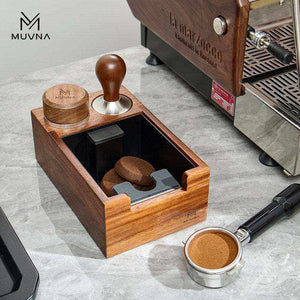 MUVNA Coffee Press Holder with neon cyan and circuit orange accents and ergonomic walnut handle