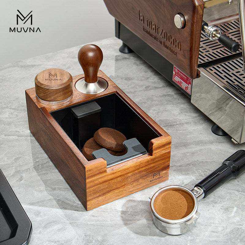 MUVNA Coffee Press Holder with neon cyan and circuit orange accents and ergonomic walnut handle