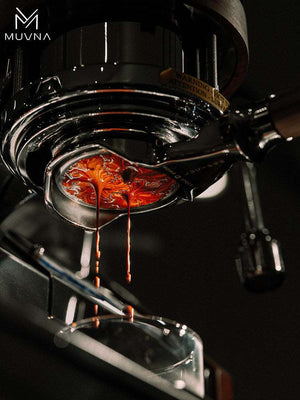 MUVNA Lucifer 58mm Bottomless Portafilter with premium resin and wood grain handle for precise espresso extraction