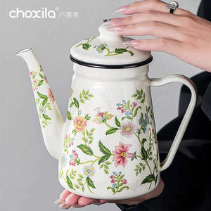 Choxila Floral Enamel Pot 1.2L vintage ivory coffee kettle with colorful floral design and precision pour spout