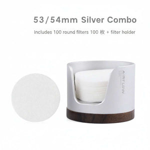 Airflow espresso filter paper holder with anodized aluminum body and walnut wood base
