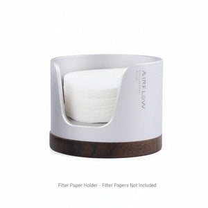 Airflow espresso filter paper holder with anodized aluminum body and walnut wood base