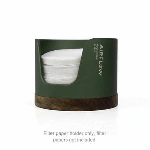 Airflow espresso filter paper holder with anodized aluminum and walnut wood base