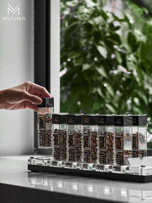 MUVNA airtight single dose coffee bean storage tubes with wooden and acrylic bases