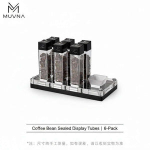 MUVNA airtight single dose coffee bean storage tubes with clear design and wooden base