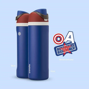 Owala 24oz FreeSip water bottle with Captain America Marvel design and carry loop