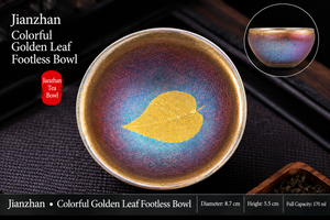 Dimensions photo of the Jianzhan colorful golden leaf footless bowl tea cup