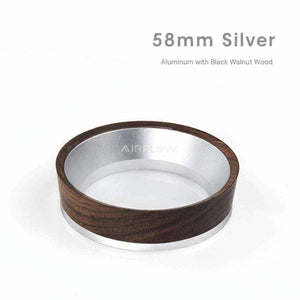 Magnetic espresso dosing funnel with walnut wood and aluminum accents