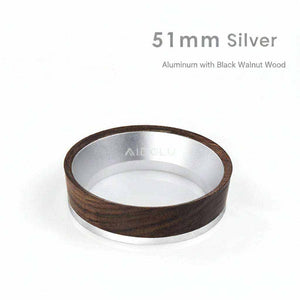 Magnetic espresso dosing funnel with walnut wood on portafilter