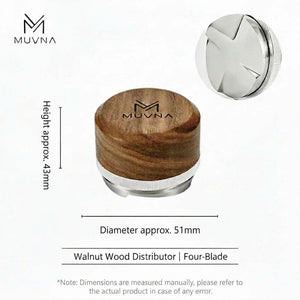 MUVNA four-blade coffee leveling tool in walnut and silver steel