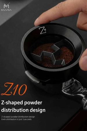 MUVNA Z10 58mm espresso needle distributor tool in midnight black with storage base