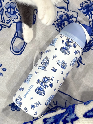Owala Blue Cat insulated water bottle with straw and blue cat design