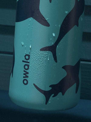 Owala FreeSip shark print stainless steel water bottle with teal matte finish