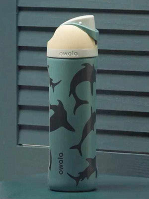 Owala FreeSip stainless steel water bottle with teal shark print