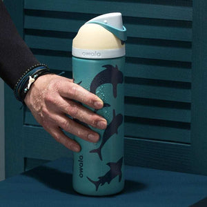 Owala FreeSip shark print teal stainless steel insulated water bottle
