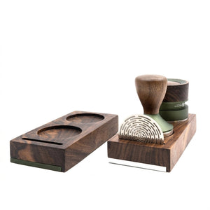 Solid walnut espresso tamper holder stand with two round slots for a tamper and leveler
