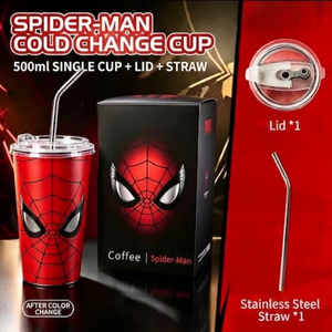 Spider-Man color changing tumbler with lid and straw revealing red mask design
