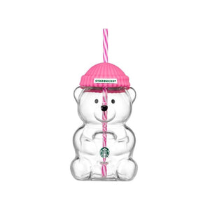 Starbucks Bearista clear glass cold cup with silicone beanie lid and straw