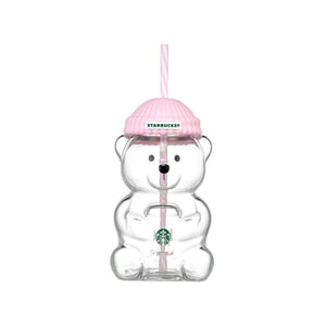 Starbucks Bearista glass cold cup with silicone beanie lid and reusable straw