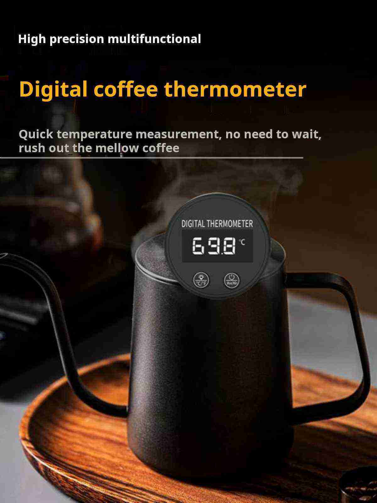 Digital coffee thermometer showing precise temperature reading on black kettle for accurate brewing