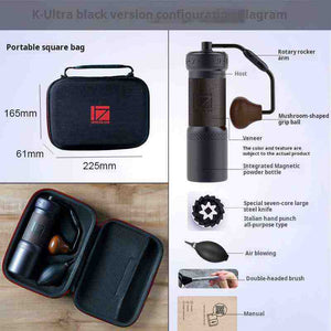1zPresso K-Ultra premium manual coffee grinder with conical burrs and ergonomic design in black