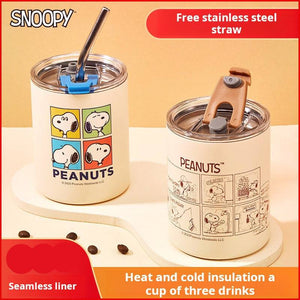 Snoopy Series insulated stainless steel tumbler with metal straw and splash-proof lid