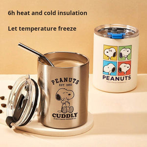 Snoopy Series insulated stainless steel tumbler with metal straw and transparent lid
