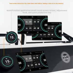 DMECHA F-SAT series commercial espresso machine with triple boilers and smart IoT displays in sleek black and white designs