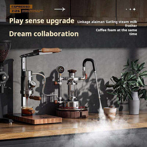 Aleman 2s hand press coffee machine with stainless steel body, wooden base and handles, featuring long lever and variable pressure control for semi-automatic espresso extraction