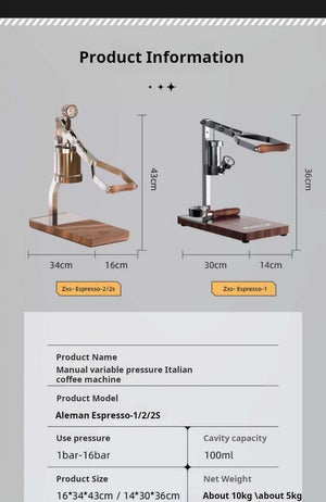 Aleman 2s hand press coffee machine small semi-automatic espresso with stainless steel and wooden base and handle