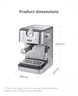 delonghi EM450 silver semi-automatic espresso machine with steam wand and pressure gauge