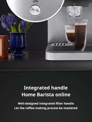 delonghi EM450 silver semi-automatic coffee machine with milk frother and pressure gauge