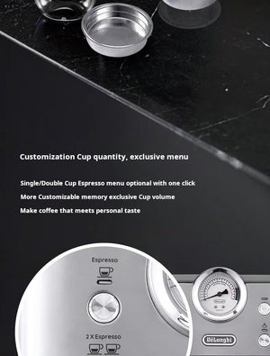 delonghi EM450 silver semi-automatic espresso machine with milk frother and pressure gauge