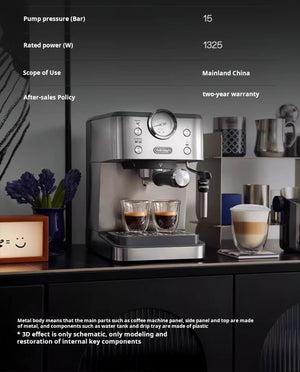 delonghi EM450 silver semi-automatic espresso machine with milk frother and pressure gauge for home and office use