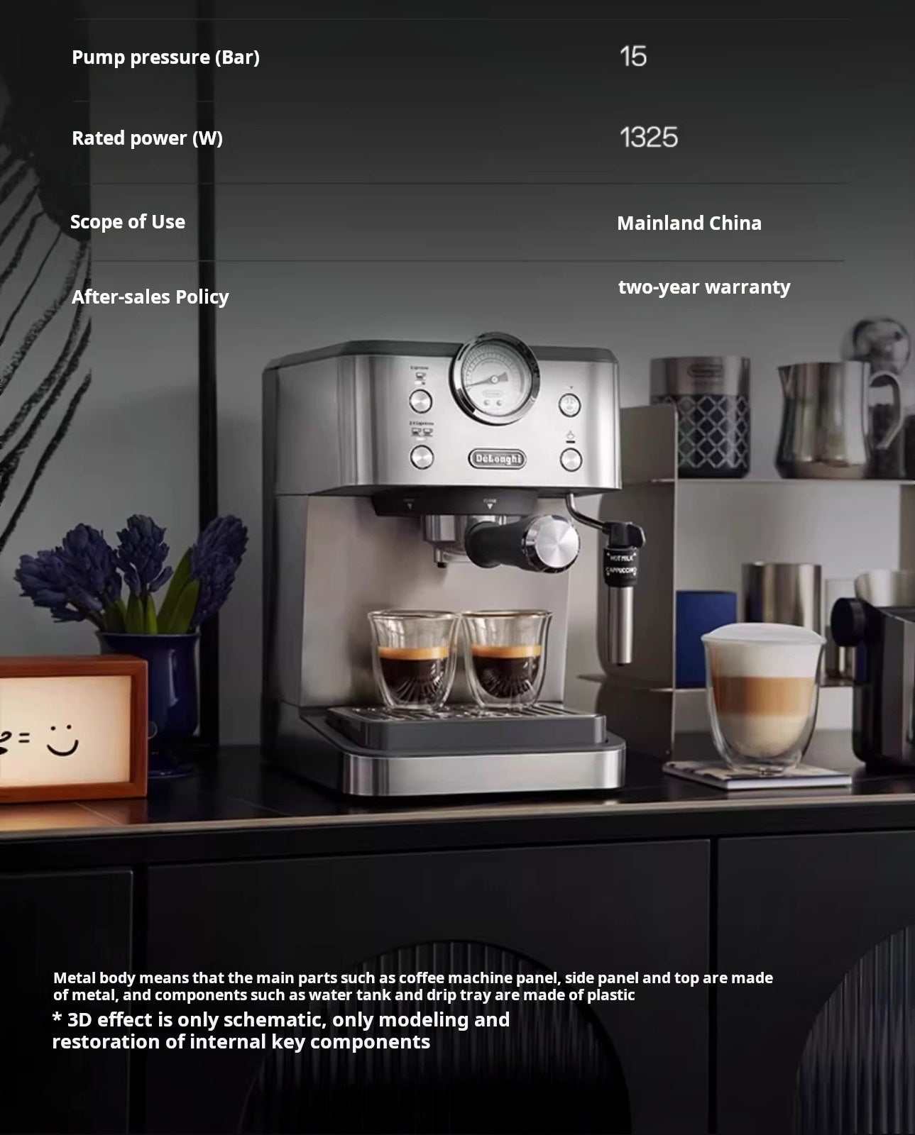 delonghi EM450 silver semi-automatic espresso machine with milk frother and pressure gauge for home and office use