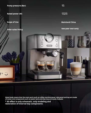 delonghi EM450 silver semi-automatic espresso machine with milk frother and pressure gauge for home and office use