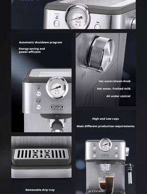 delonghi EM450 silver semi-automatic coffee machine with milk frother and pressure gauge