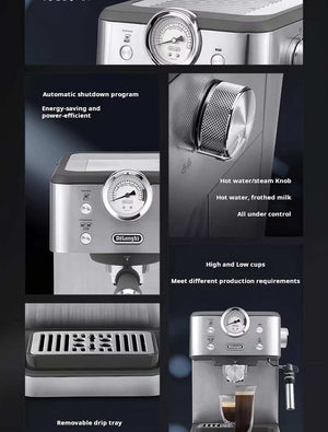 delonghi EM450 silver semi-automatic coffee machine with milk frother and pressure gauge