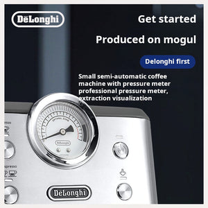 delonghi EM450 silver semi-automatic espresso machine with steam wand and pressure gauge
