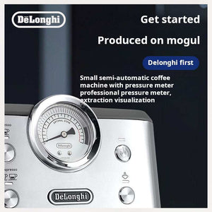 delonghi EM450 silver semi-automatic espresso machine with steam wand and pressure gauge