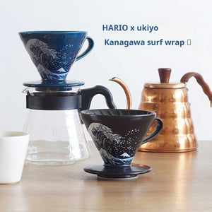 HARIO x Ukiyo-e Edition V60 ceramic dripper with traditional Japanese Great Wave design in deep indigo and matte black