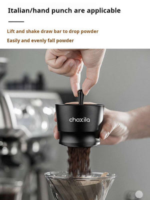 Choxila Precision Dosing Cup in matte black and silver with ergonomic handle for uniform coffee powder distribution