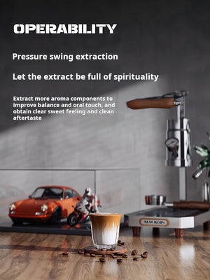 Aleman 2s Hand Press Espresso Machine with polished stainless steel and wooden base, featuring a long lever and PID temperature control for precise manual espresso extraction