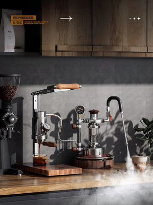 Aleman 2s Hand Press Espresso Machine with stainless steel body and wooden base for precise manual espresso extraction