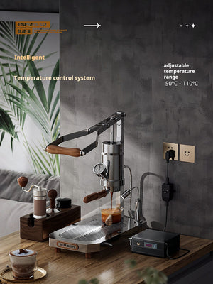 Aleman 2s Hand Press espresso machine with wooden base and stainless steel lever for precise manual coffee extraction