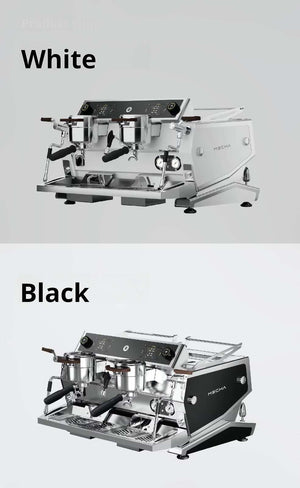 DMECHA F-SAT series commercial espresso machine with triple boilers and smart quad-screen technology in sleek black stainless steel design