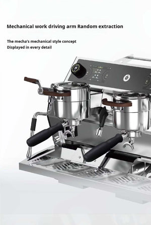 DMECHA F-SAT series commercial espresso machine with triple boiler and quad-screen technology in stainless steel finish