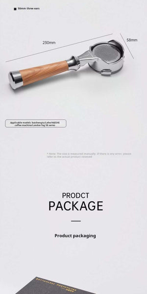 MUVNA Lucifer 58mm Bottomless Portafilter with resin and wood grain handle for precise espresso extraction